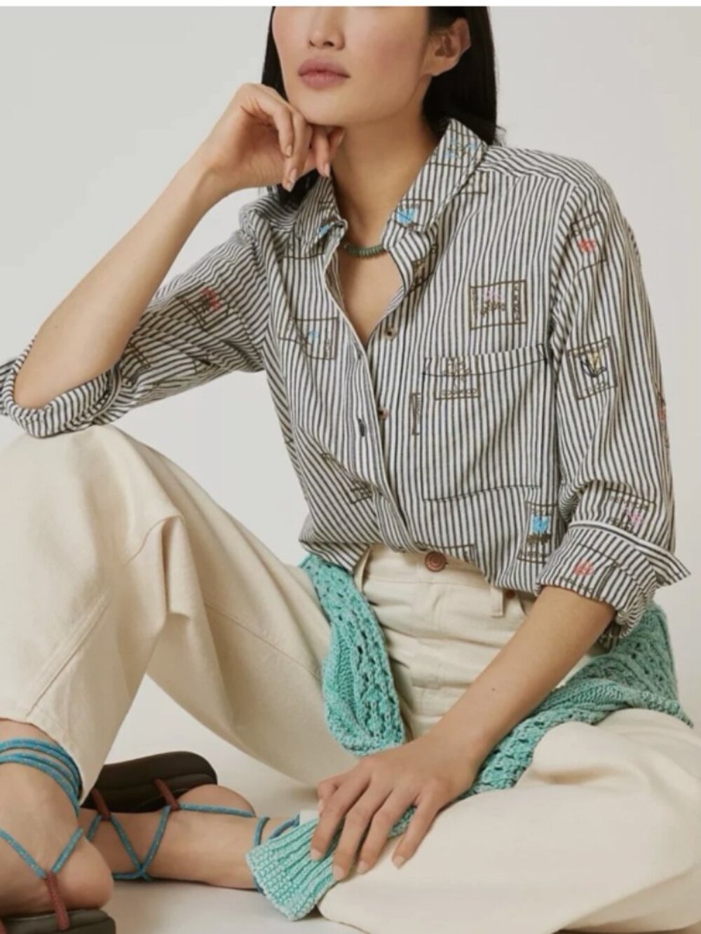 PILCO Striped Embroidered Garden Flowers Classic Button Up Shirt Blouse Size M